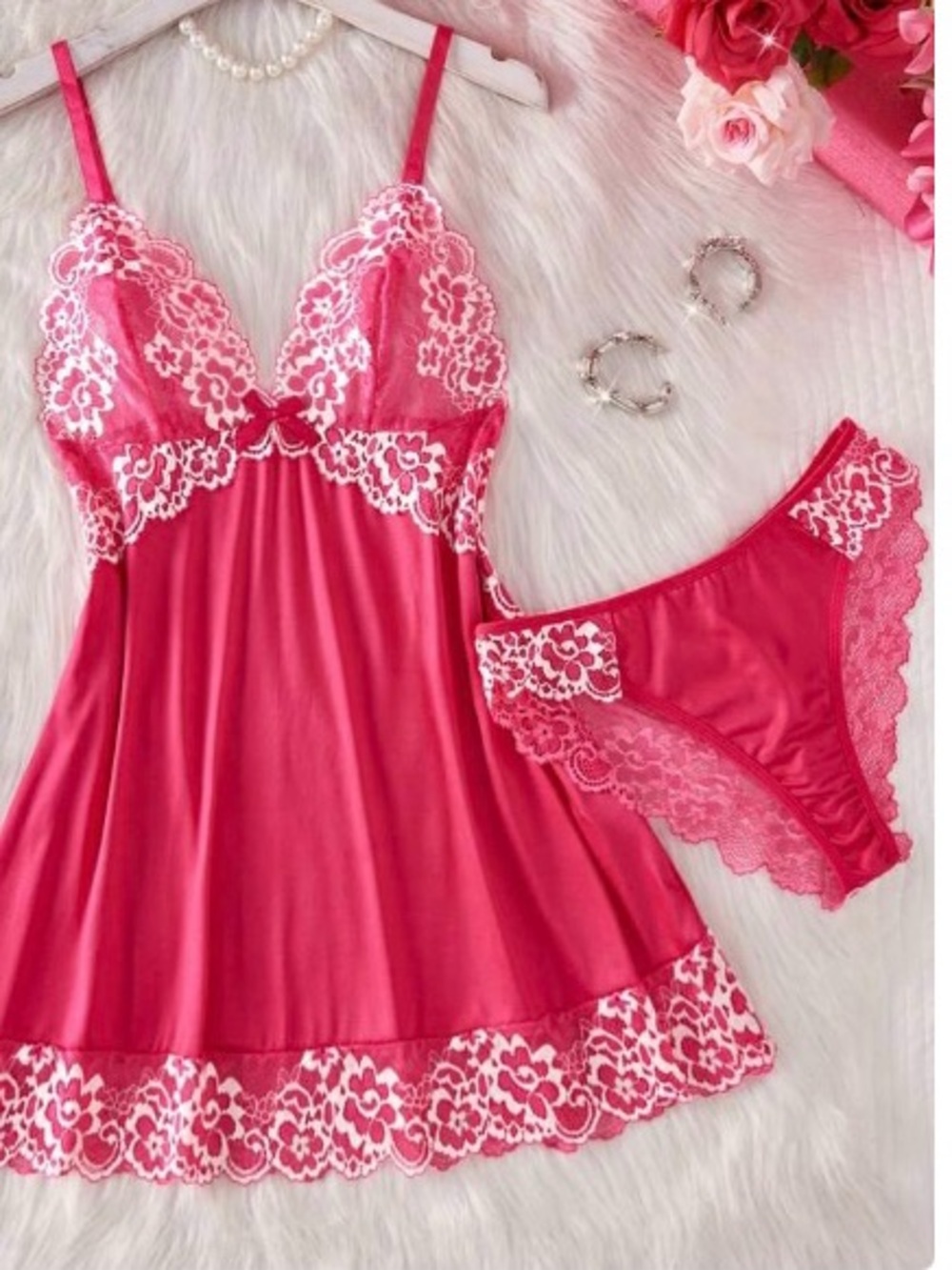 Hot Pink Lace-Trim Chemise & Bikini Set - Women Intimates Size XL
